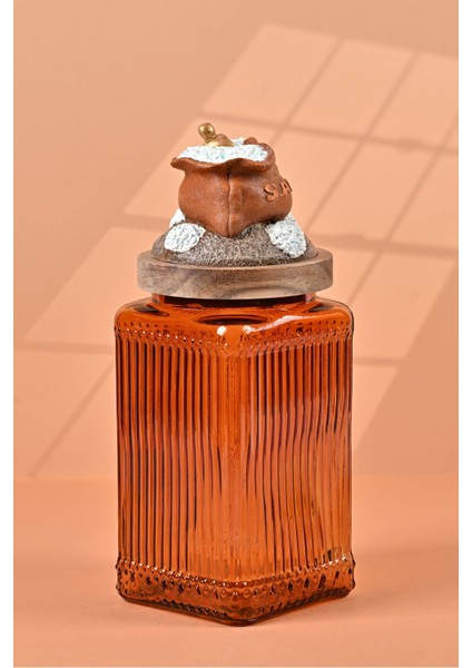 El Yapımı Özel Tasarım Tuz Baharat Kavanozu - 1000 ml - Vakumlu Ahşap Kapaklı (Turuncu Detaylı) - Dark Amber Çizgili Cam - Mutfak ve Ev Dekorasyonu modelleri