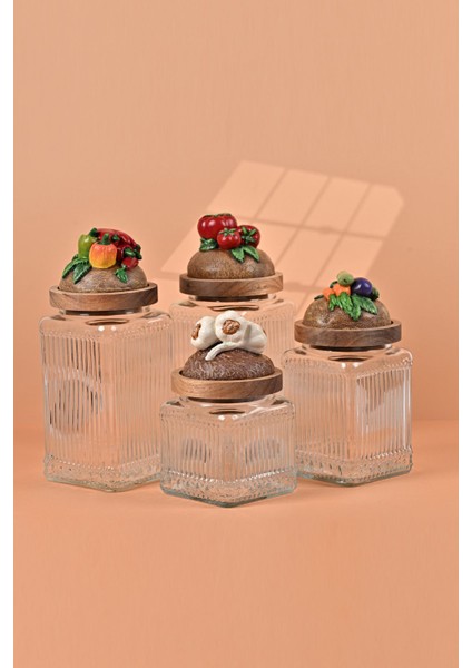 El Yapımı Özel Tasarım Kavanoz - 4'lü Set - Vakumlu Ahşap Kapaklı (Sebze Detaylı) - Şeffaf Çizgili Cam - Mutfak ve Ev Dekorasyonu