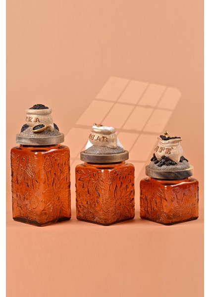 El Yapımı Özel Tasarım Çay Kahve Şeker Kavanozu - 3'lü Set - Vakumlu Ahşap Kapaklı (Dore Detaylı) - Dark Amber Çiçekli Cam - Mutfak ve Ev Dekorasyonu modelleri