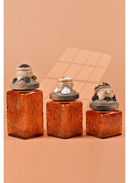 El Yapımı Özel Tasarım Çay Kahve Şeker Kavanozu - 3'lü Set - Vakumlu Ahşap Kapaklı (Dore Detaylı) - Dark Amber Çiçekli Cam - Mutfak ve Ev Dekorasyonu fırsatları