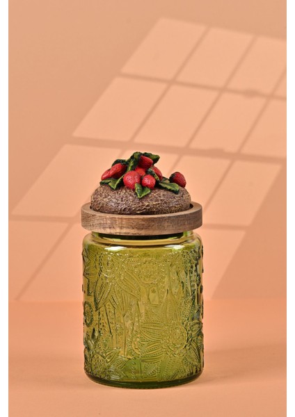 El Yapımı Özel Tasarım Kavanoz - 700 ml - Vakumlu Ahşap Kapaklı (Çilek Detaylı) - Yeşil Çiçekli Yuvarlak Cam - Mutfak ve Ev Dekorasyonu fiyatları