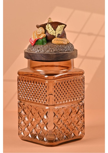 El Yapımı Özel Tasarım Kavanoz - 1800 ml - Vakumlu Ahşap Kapaklı (Un Detaylı) - Light Amber Cam - Mutfak ve Ev Dekorasyonu