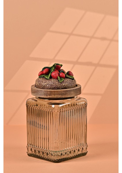 El Yapımı Özel Tasarım Kavanoz - 700 ml - Vakumlu Ahşap Kapaklı (Çilek Detaylı) - Light Yeşil Çizgili Cam - Mutfak ve Ev Dekorasyonu modelleri