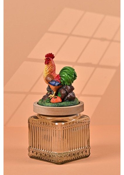 El Yapımı Özel Tasarım Kavanoz - 500 ml - Vakumlu Ahşap Kapaklı (Horoz Detaylı) - Light Yeşil Çizgili Cam - Mutfak ve Ev Dekorasyonu