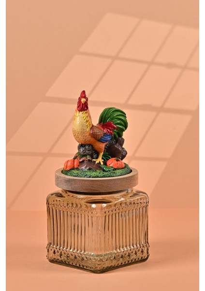 El Yapımı Özel Tasarım Kavanoz - 500 ml - Vakumlu Ahşap Kapaklı (Horoz Detaylı) - Light Yeşil Çizgili Cam - Mutfak ve Ev Dekorasyonu modelleri