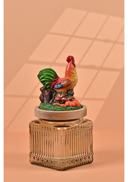 El Yapımı Özel Tasarım Kavanoz - 500 ml - Vakumlu Ahşap Kapaklı (Horoz Detaylı) - Light Yeşil Çizgili Cam - Mutfak ve Ev Dekorasyonu fırsatları