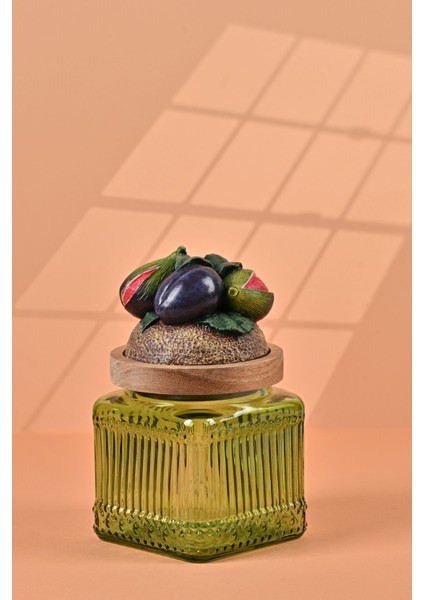 El Yapımı Özel Tasarım Kavanoz - 500 ml - Vakumlu Ahşap Kapaklı (İncir Detaylı) - Yeşil Çizgili Cam - Mutfak ve Ev Dekorasyonu