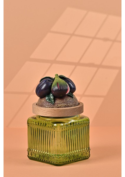 El Yapımı Özel Tasarım Kavanoz - 500 ml - Vakumlu Ahşap Kapaklı (İncir Detaylı) - Yeşil Çizgili Cam - Mutfak ve Ev Dekorasyonu fiyatları