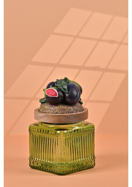 El Yapımı Özel Tasarım Kavanoz - 500 ml - Vakumlu Ahşap Kapaklı (İncir Detaylı) - Yeşil Çizgili Cam - Mutfak ve Ev Dekorasyonu modelleri