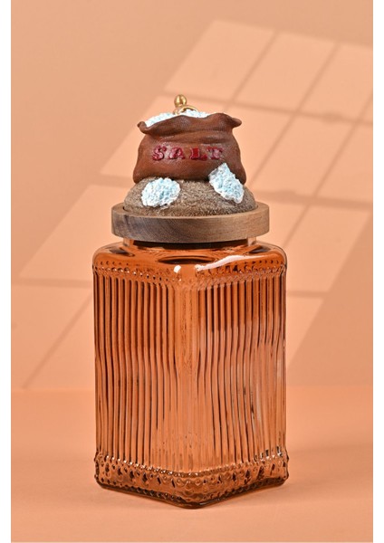 El Yapımı Özel Tasarım Tuz Baharat Kavanozu - 1000 ml - Vakumlu Ahşap Kapaklı (Kahverengi Detaylı) - Light Amber Çizgili Cam - Mutfak ve Ev Dekorasyonu