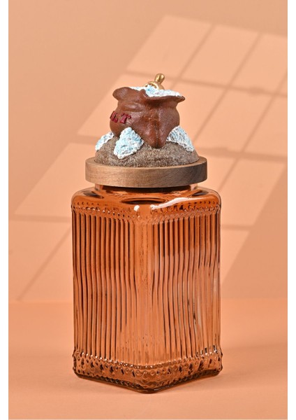 El Yapımı Özel Tasarım Tuz Baharat Kavanozu - 1000 ml - Vakumlu Ahşap Kapaklı (Kahverengi Detaylı) - Light Amber Çizgili Cam - Mutfak ve Ev Dekorasyonu modelleri