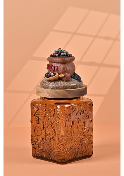 El Yapımı Özel Tasarım Karabiber Baharat Kavanozu - 700 ml - Vakumlu Ahşap Kapaklı (Kahverengi Detaylı) - Medium Amber Çiçekli Cam - Mutfak ve Ev Dekorasyonu modelleri
