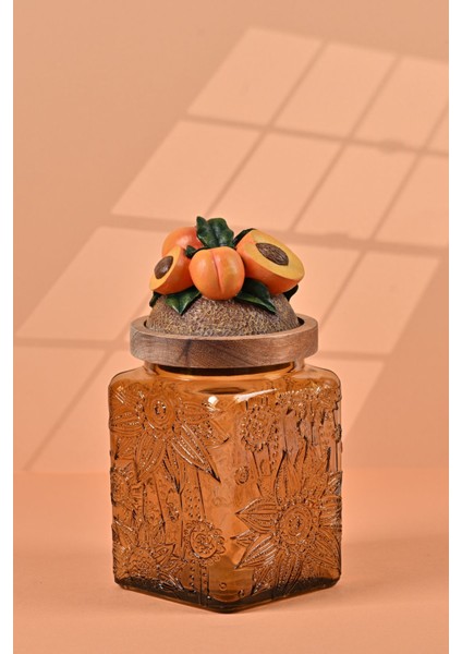 El Yapımı Özel Tasarım Kavanoz - 700 ml - Vakumlu Ahşap Kapaklı (Kayısı Detaylı) - Medium Amber Çiçekli Kare Cam - Mutfak ve Ev Dekorasyonu