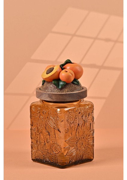 El Yapımı Özel Tasarım Kavanoz - 700 ml - Vakumlu Ahşap Kapaklı (Kayısı Detaylı) - Medium Amber Çiçekli Kare Cam - Mutfak ve Ev Dekorasyonu fiyatları