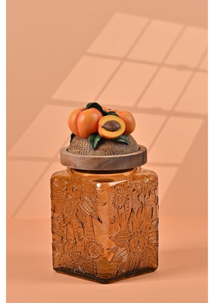 El Yapımı Özel Tasarım Kavanoz - 700 ml - Vakumlu Ahşap Kapaklı (Kayısı Detaylı) - Medium Amber Çiçekli Kare Cam - Mutfak ve Ev Dekorasyonu modelleri