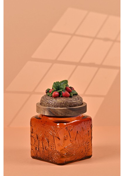 El Yapımı Özel Tasarım Kavanoz - 500 ml - Vakumlu Ahşap Kapaklı (Çilek Detaylı) - Dark Amber Çiçekli Kare Cam - Mutfak ve Ev Dekorasyonu modelleri