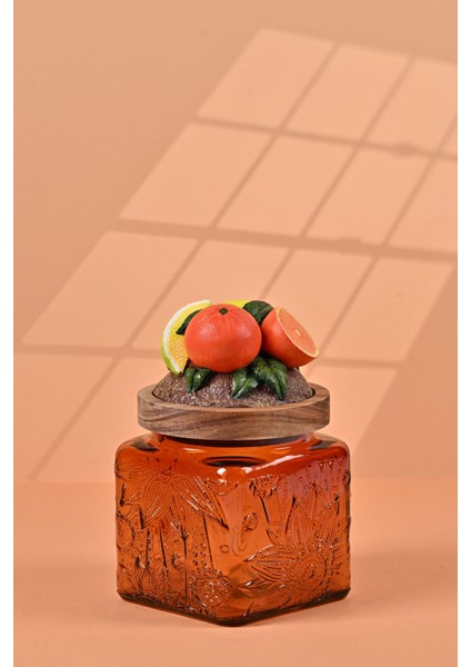 El Yapımı Özel Tasarım Kavanoz - 500 ml - Vakumlu Ahşap Kapaklı (Portakal Detaylı) - Dark Amber Çiçekli Kare Cam - Mutfak ve Ev Dekorasyonu