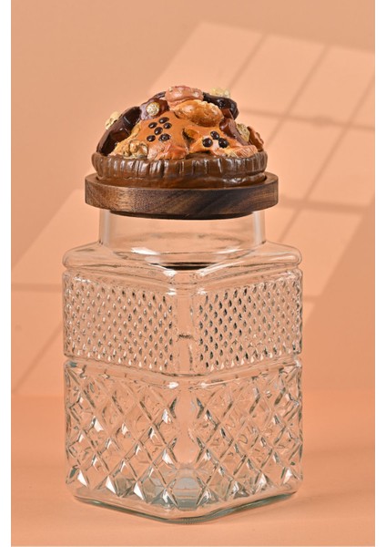El Yapımı Özel Tasarım Kavanoz - 1800 ml - Vakumlu Ahşap Kapaklı (Kurabiye Detaylı) - Şeffaf Cam - Mutfak ve Ev Dekorasyonu fiyatları