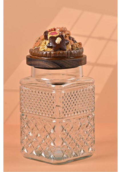 El Yapımı Özel Tasarım Kavanoz - 1800 ml - Vakumlu Ahşap Kapaklı (Kurabiye Detaylı) - Şeffaf Cam - Mutfak ve Ev Dekorasyonu fırsatları