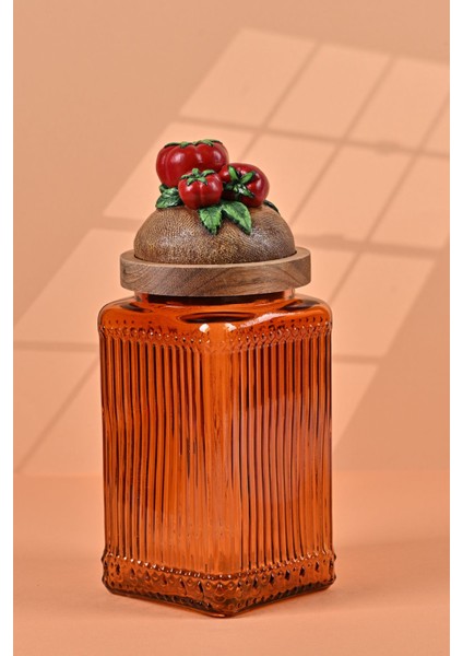 El Yapımı Özel Tasarım Kavanoz - 1000 ml - Vakumlu Ahşap Kapaklı (Domates Detaylı) - Dark Amber Çizgili Cam - Mutfak ve Ev Dekorasyonu