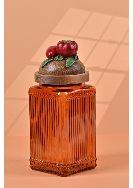 El Yapımı Özel Tasarım Kavanoz - 1000 ml - Vakumlu Ahşap Kapaklı (Domates Detaylı) - Dark Amber Çizgili Cam - Mutfak ve Ev Dekorasyonu fiyatları