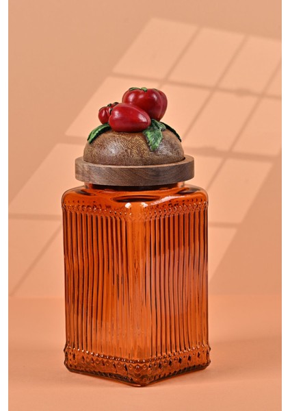 El Yapımı Özel Tasarım Kavanoz - 1000 ml - Vakumlu Ahşap Kapaklı (Domates Detaylı) - Dark Amber Çizgili Cam - Mutfak ve Ev Dekorasyonu modelleri