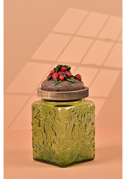 El Yapımı Özel Tasarım Kavanoz - 700 ml - Vakumlu Ahşap Kapaklı (Çilek Detaylı) - Yeşil Çiçekli Kare Cam - Mutfak ve Ev Dekorasyonu fiyatları