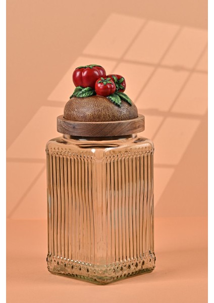 El Yapımı Özel Tasarım Kavanoz - 1000 ml - Vakumlu Ahşap Kapaklı (Domates Detaylı) - Light Yeşil Çigili Cam - Mutfak ve Ev Dekorasyonu modelleri