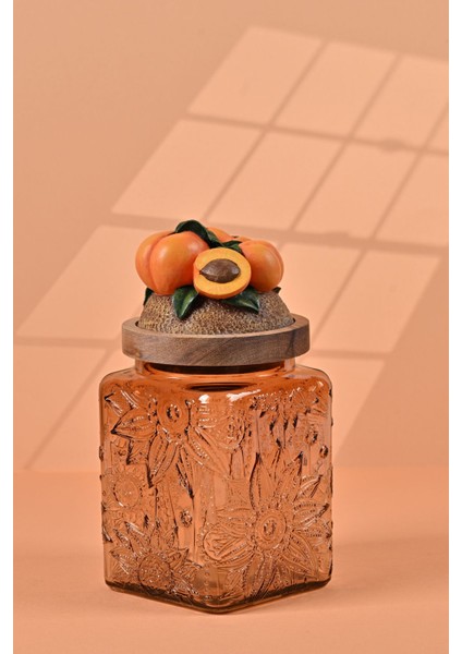 El Yapımı Özel Tasarım Kavanoz - 700 ml - Vakumlu Ahşap Kapaklı (Kayısı Detaylı) - Light Amber Çiçekli Kare Cam - Mutfak ve Ev Dekorasyonu modelleri