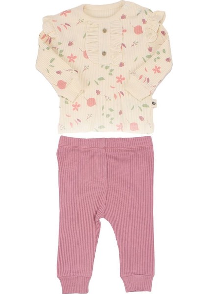 Kız Bebek Ekru Mor Çicekli Yapraklı 2'li Takım - 1014989