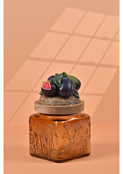 El Yapımı Özel Tasarım Kavanoz - 500 ml - Vakumlu Ahşap Kapaklı (İncir Detaylı) - Medium Amber Çiçekli Kare Cam - Mutfak ve Ev Dekorasyonu modelleri