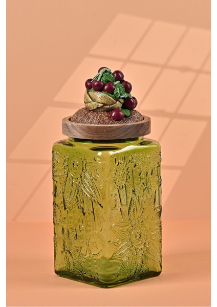 El Yapımı Özel Tasarım Kavanoz - 1000 ml - Vakumlu Ahşap Kapaklı (Vişne Detaylı) - Yeşil Çiçekli Kare Cam - Mutfak ve Ev Dekorasyonu