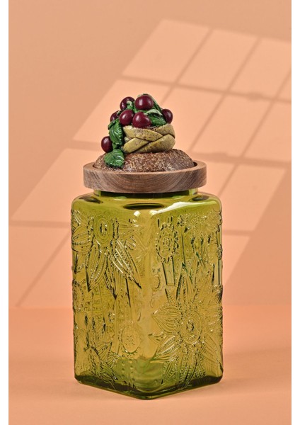 El Yapımı Özel Tasarım Kavanoz - 1000 ml - Vakumlu Ahşap Kapaklı (Vişne Detaylı) - Yeşil Çiçekli Kare Cam - Mutfak ve Ev Dekorasyonu fiyatları