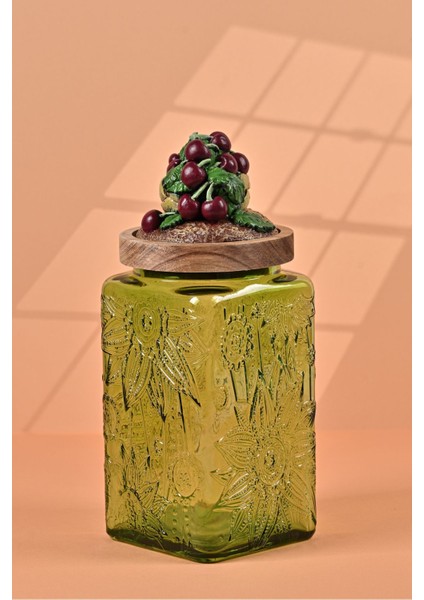 El Yapımı Özel Tasarım Kavanoz - 1000 ml - Vakumlu Ahşap Kapaklı (Vişne Detaylı) - Yeşil Çiçekli Kare Cam - Mutfak ve Ev Dekorasyonu modelleri