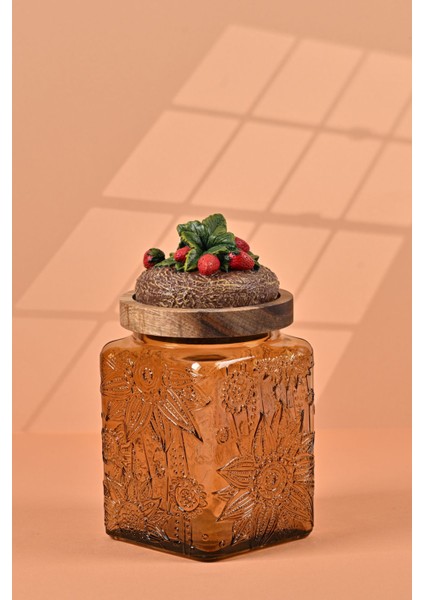 El Yapımı Özel Tasarım Kavanoz - 700 ml - Vakumlu Ahşap Kapaklı (Çilek Detaylı) - Medium Amber Çiçekli Kare Cam - Mutfak ve Ev Dekorasyonu modelleri