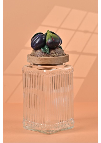 El Yapımı Özel Tasarım Kavanoz - 1000 ml - Vakumlu Ahşap Kapaklı (İncir Detaylı) - Şeffaf Çizgili Cam - Mutfak ve Ev Dekorasyonu