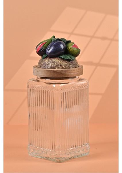 El Yapımı Özel Tasarım Kavanoz - 1000 ml - Vakumlu Ahşap Kapaklı (İncir Detaylı) - Şeffaf Çizgili Cam - Mutfak ve Ev Dekorasyonu fiyatları