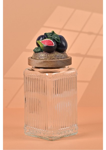 El Yapımı Özel Tasarım Kavanoz - 1000 ml - Vakumlu Ahşap Kapaklı (İncir Detaylı) - Şeffaf Çizgili Cam - Mutfak ve Ev Dekorasyonu modelleri