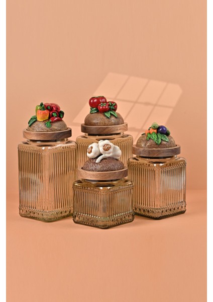 El Yapımı Özel Tasarım Kavanoz - 4'lü Set - Vakumlu Ahşap Kapaklı (Sebze Detaylı) - Light Yeşil Çizgili Cam - Mutfak ve Ev Dekorasyonu