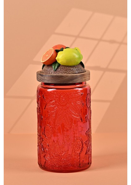 El Yapımı Özel Tasarım Kavanoz - 1000 ml - Vakumlu Ahşap Kapaklı (Portakal Detaylı) - Kırmızı Çiçekli Yuvarlak Cam - Mutfak ve Ev Dekorasyonu