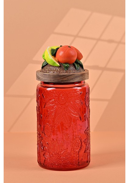 El Yapımı Özel Tasarım Kavanoz - 1000 ml - Vakumlu Ahşap Kapaklı (Portakal Detaylı) - Kırmızı Çiçekli Yuvarlak Cam - Mutfak ve Ev Dekorasyonu fiyatları