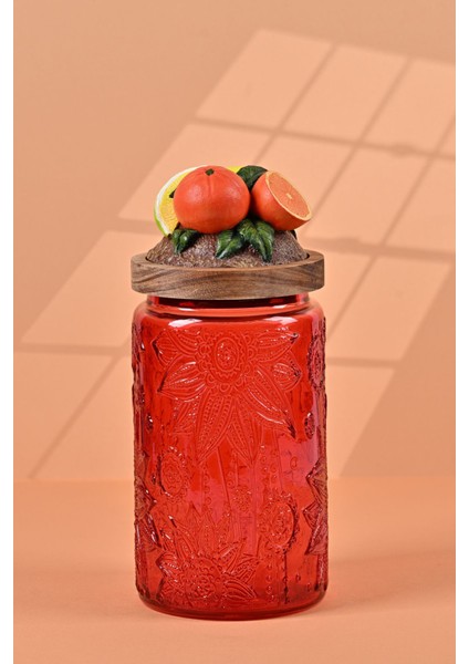 El Yapımı Özel Tasarım Kavanoz - 1000 ml - Vakumlu Ahşap Kapaklı (Portakal Detaylı) - Kırmızı Çiçekli Yuvarlak Cam - Mutfak ve Ev Dekorasyonu modelleri