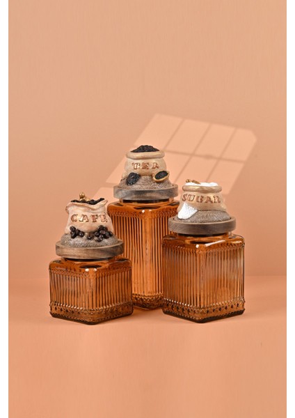 El Yapımı Özel Tasarım Çay Kahve Şeker Kavanozu - 3'lü Set - Vakumlu Ahşap Kapaklı (Dore Detaylı) - Medium Amber Çizgili Cam - Mutfak ve Ev Dekorasyonu