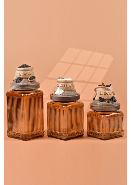 El Yapımı Özel Tasarım Çay Kahve Şeker Kavanozu - 3'lü Set - Vakumlu Ahşap Kapaklı (Dore Detaylı) - Medium Amber Çizgili Cam - Mutfak ve Ev Dekorasyonu fiyatları