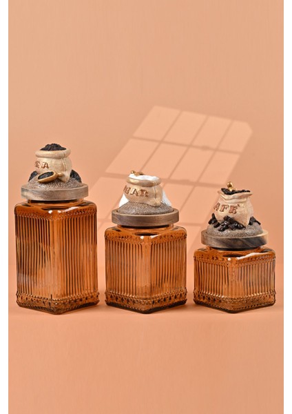 El Yapımı Özel Tasarım Çay Kahve Şeker Kavanozu - 3'lü Set - Vakumlu Ahşap Kapaklı (Dore Detaylı) - Medium Amber Çizgili Cam - Mutfak ve Ev Dekorasyonu modelleri