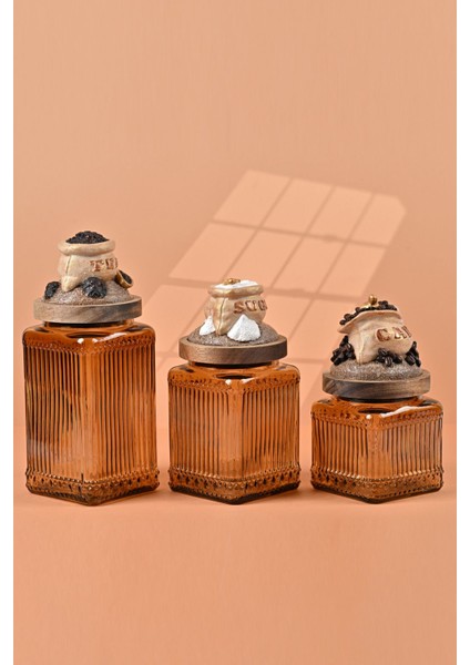 El Yapımı Özel Tasarım Çay Kahve Şeker Kavanozu - 3'lü Set - Vakumlu Ahşap Kapaklı (Dore Detaylı) - Medium Amber Çizgili Cam - Mutfak ve Ev Dekorasyonu fırsatları
