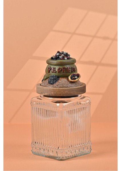 El Yapımı Özel Tasarım Karabiber Baharat Kavanozu - 700 ml - Vakumlu Ahşap Kapaklı (Yeşil Detaylı) - Şeffaf Çizgili Cam - Mutfak ve Ev Dekorasyonu