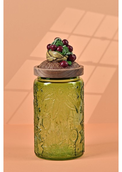 El Yapımı Özel Tasarım Kavanoz - 1000 ml - Vakumlu Ahşap Kapaklı (Vişne Detaylı) - Yeşil Çiçekli Yuvarlak Cam - Mutfak ve Ev Dekorasyonu