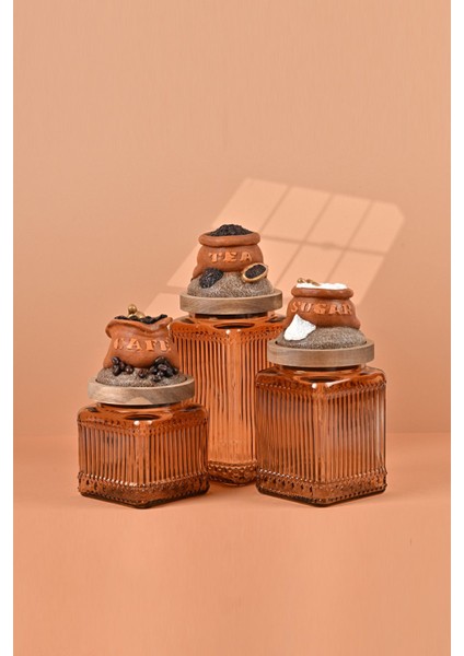 El Yapımı Özel Tasarım Çay Kahve Şeker Kavanozu - 3'lü Set - Vakumlu Ahşap Kapaklı (Turuncu Detaylı) - Light Amber Çizgili Cam - Mutfak ve Ev Dekorasyonu