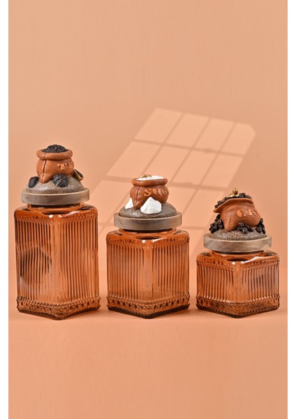 El Yapımı Özel Tasarım Çay Kahve Şeker Kavanozu - 3'lü Set - Vakumlu Ahşap Kapaklı (Turuncu Detaylı) - Light Amber Çizgili Cam - Mutfak ve Ev Dekorasyonu modelleri